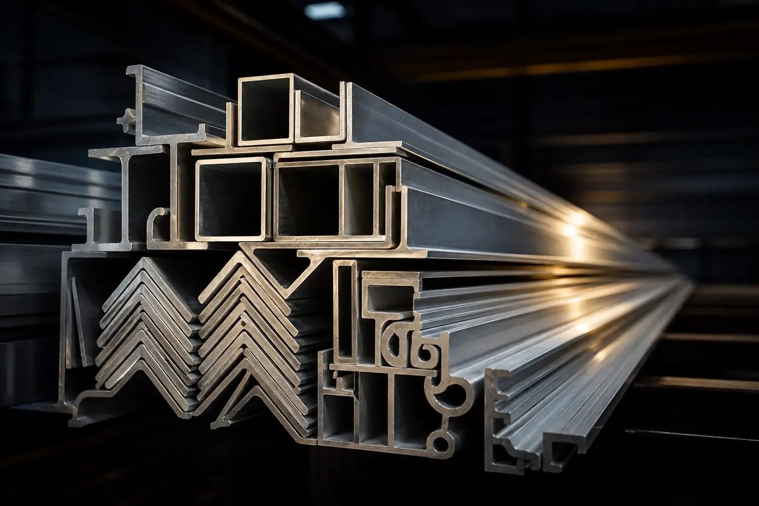 Bundle of aluminium extrusion profiles showing angle, channel, tube and custom cross-sections