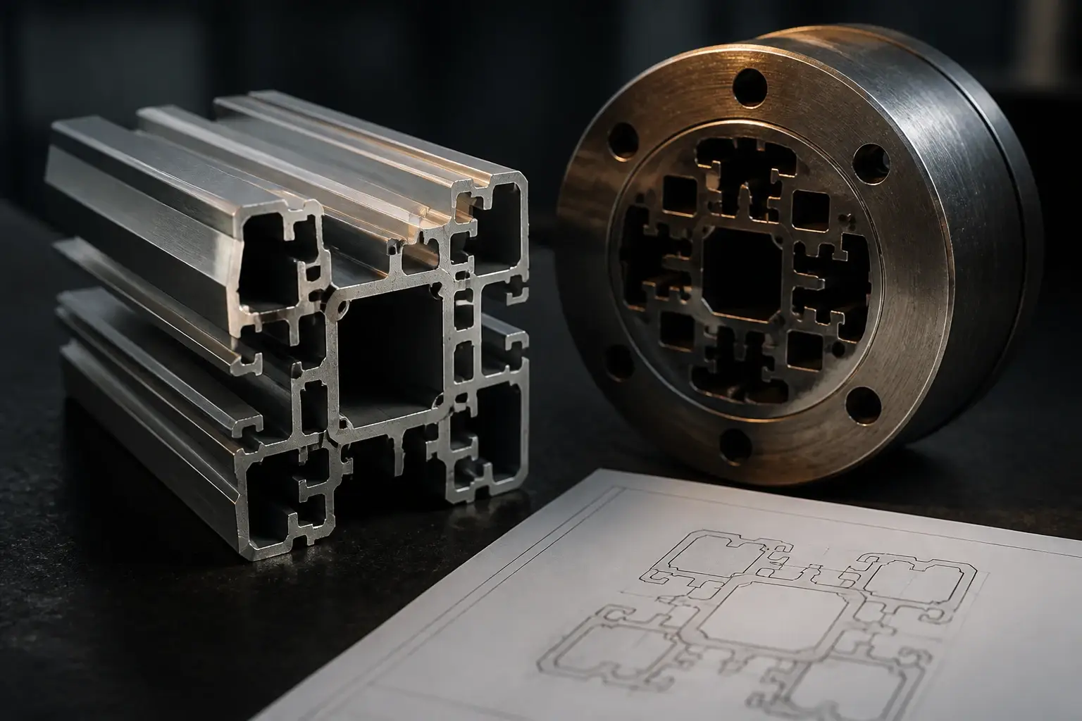 Custom aluminium profile with an extrusion die and drawing