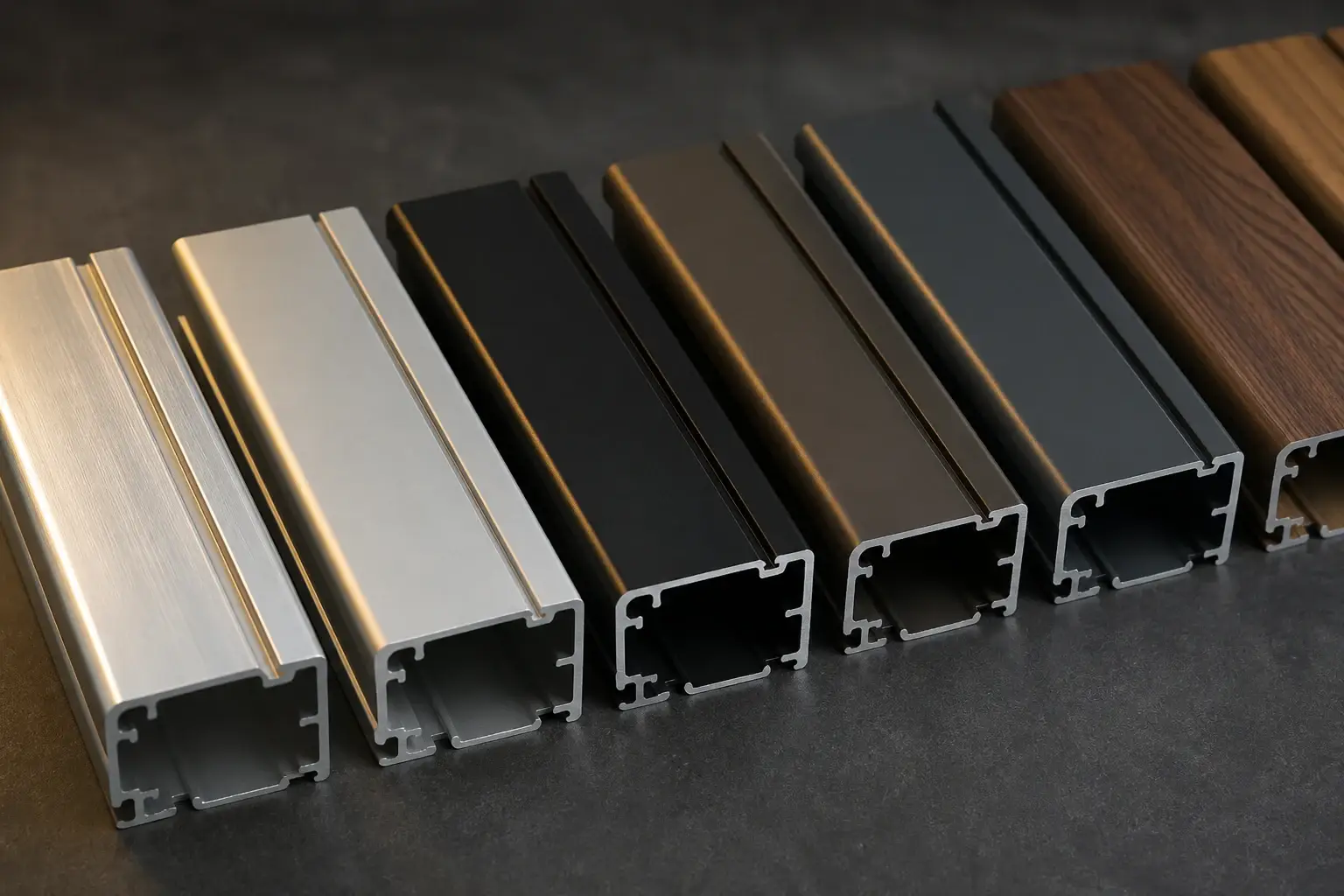 Aluminium finish samples: mill, anodized, powder coated and wood grain